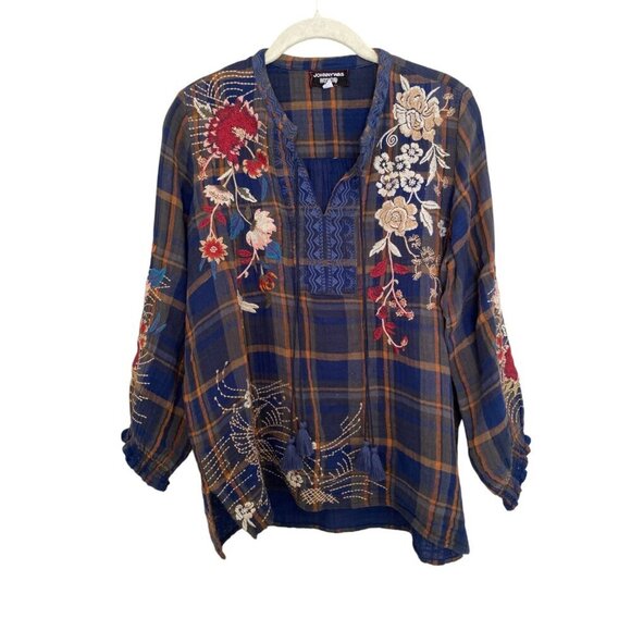 Johnny Was Freja Plaid Embroidered Peasant Top - Picture 3 of 8